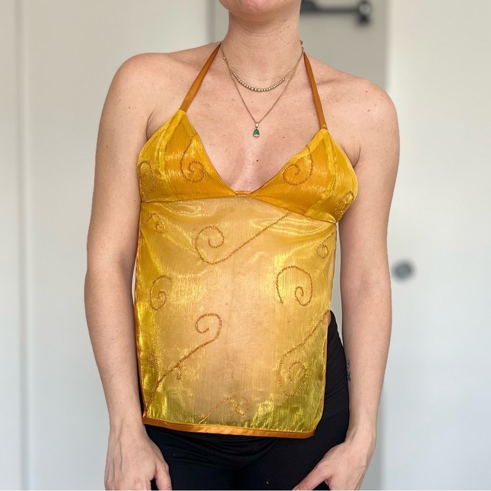 Handmade Y2K Fairycore Goddess Embellished Halter Babydoll Vest Top - Gold - XS